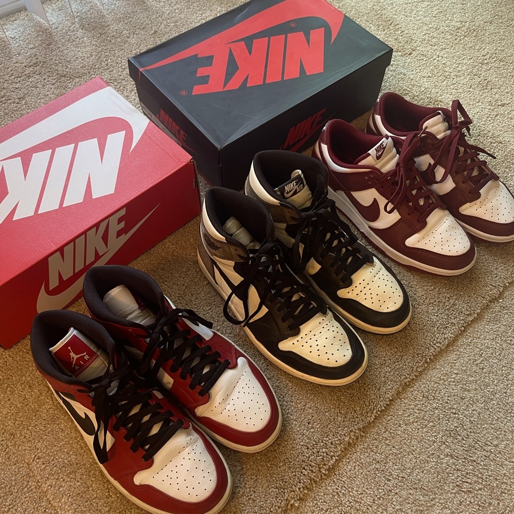 Jordan 1 Mid Chicago 10 1/2, Jordan 1 High OG Mocha 10 1/2, Nike Dunk Red 10 1/2